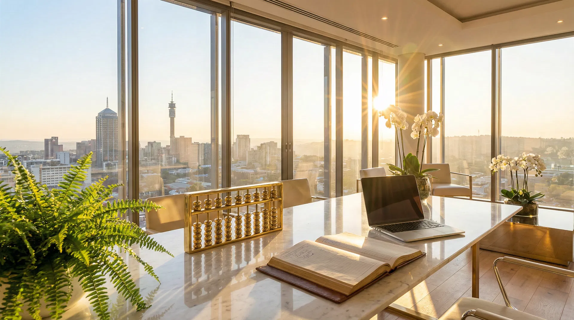 Bright modern office with Sandton skyline, abacus and ledger on desk