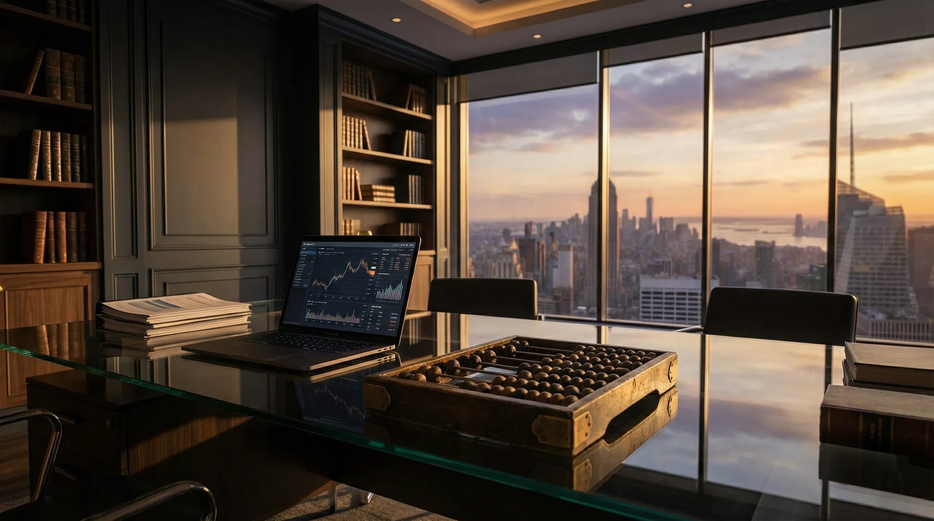 Executive office with abacus and financial charts