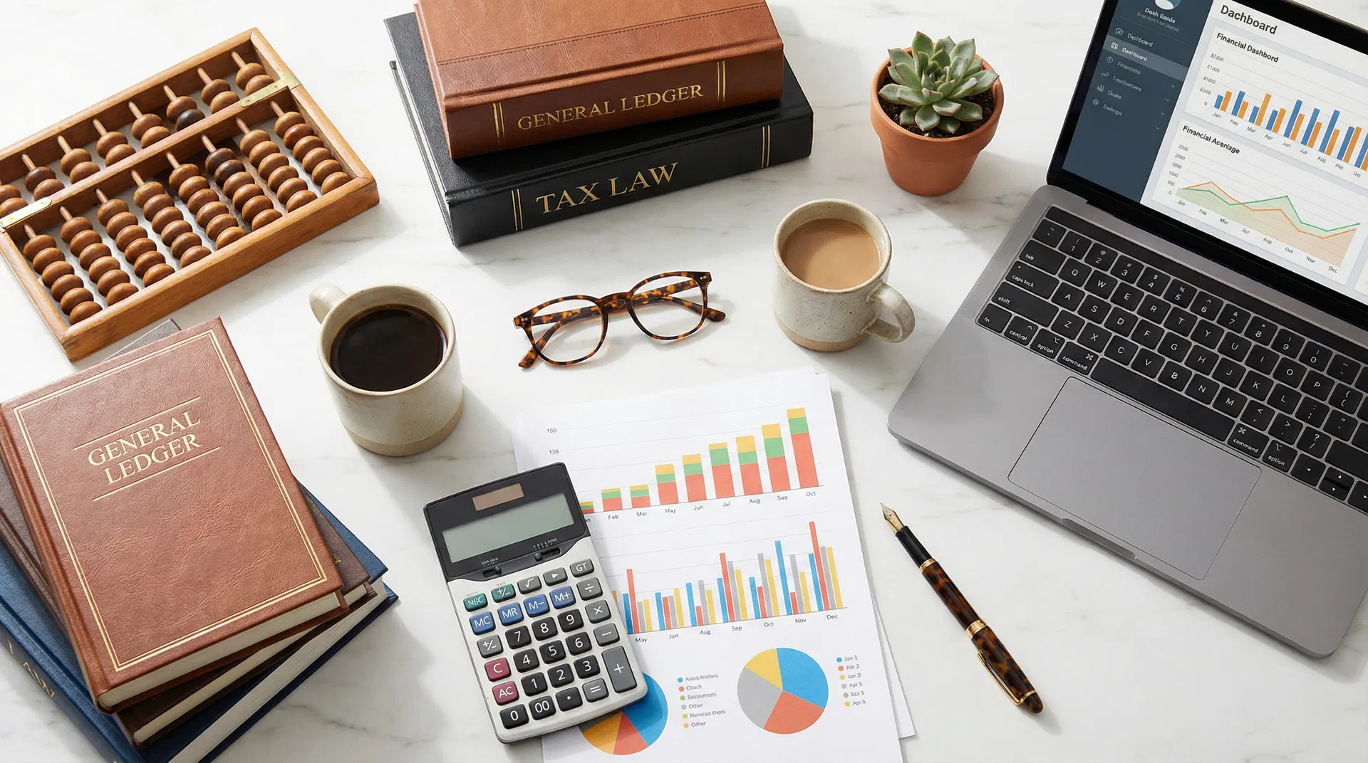 Accounting desk with abacus, ledger books, calculator, and financial charts