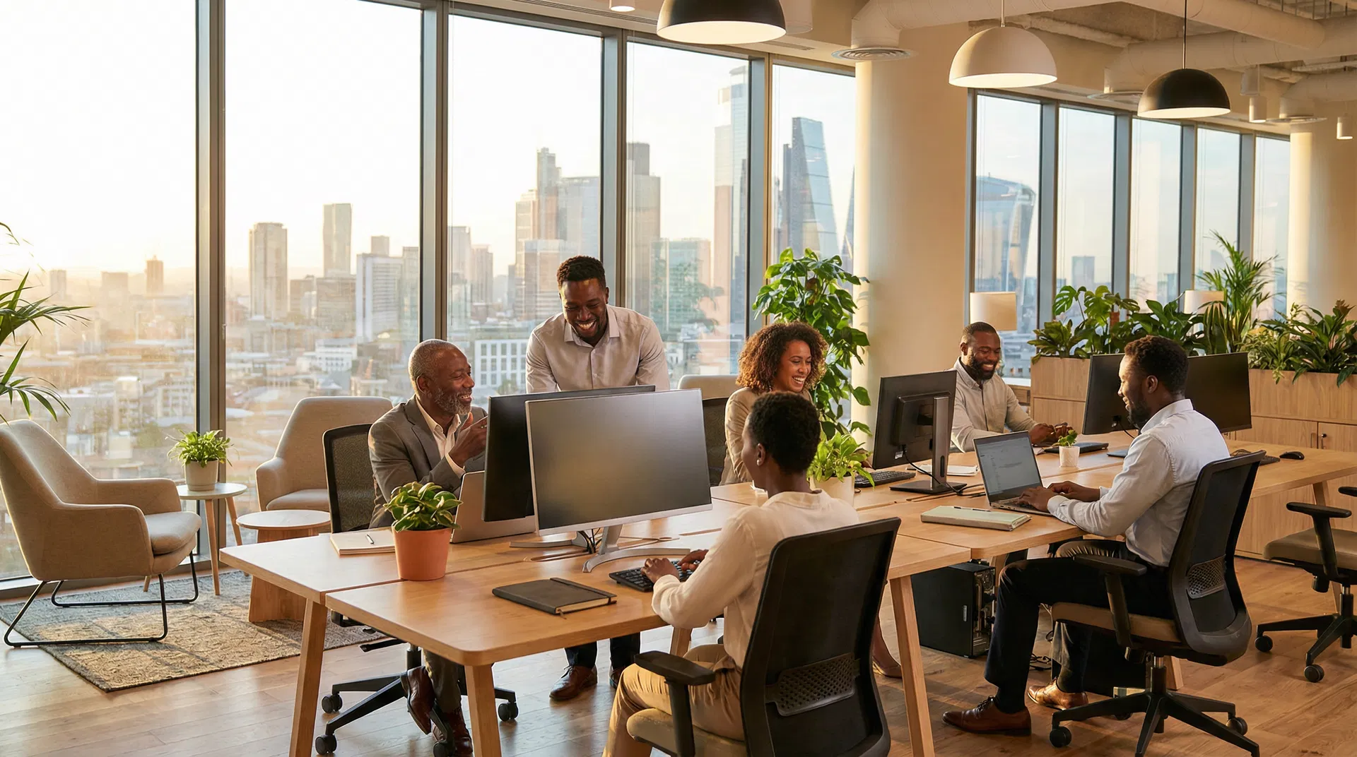 Diverse African professionals working on computers in a bright modern office with city skyline view