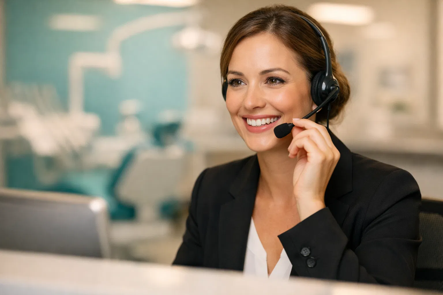 Dental clinic receptionist on phone