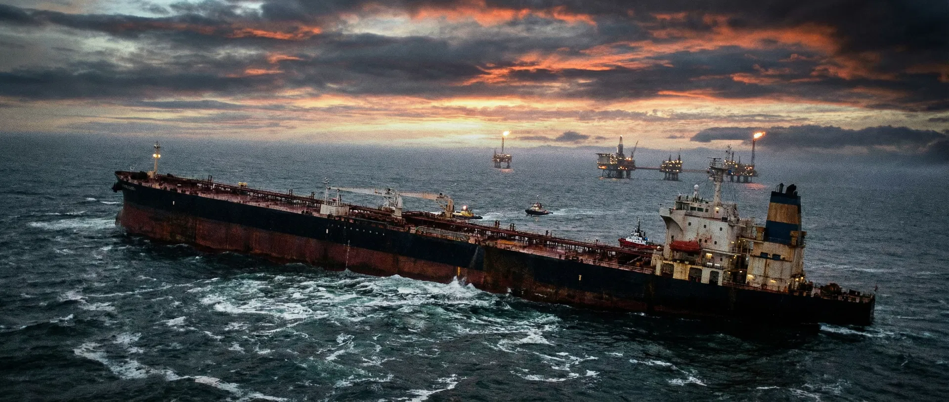Oil tanker in stormy seas near the Strait of Hormuz