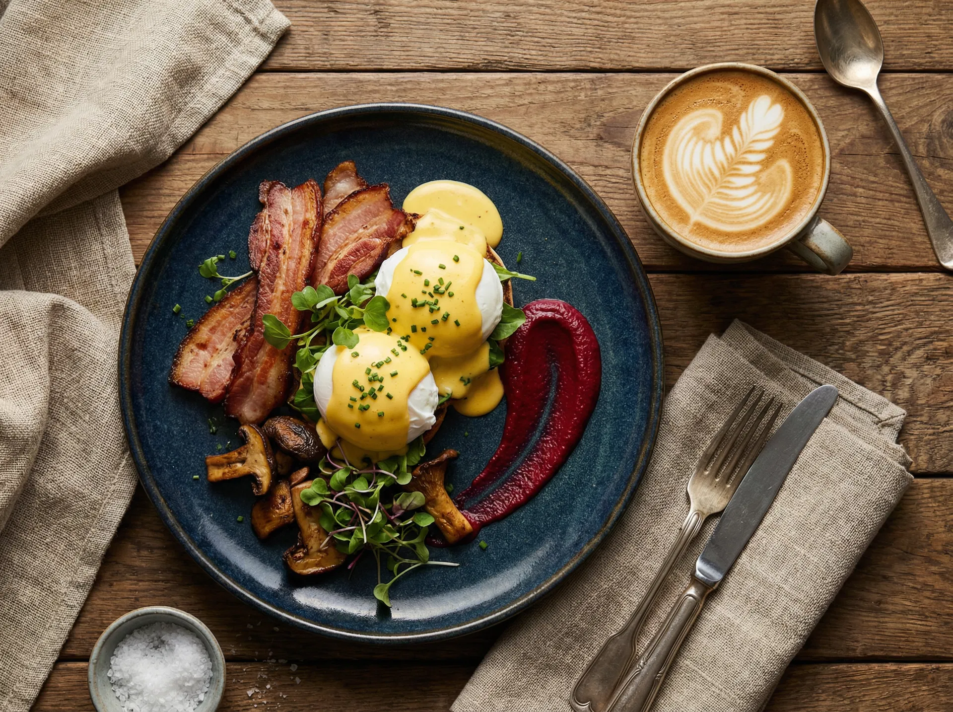 Beautifully plated eggs benedict with beetroot puree and latte art