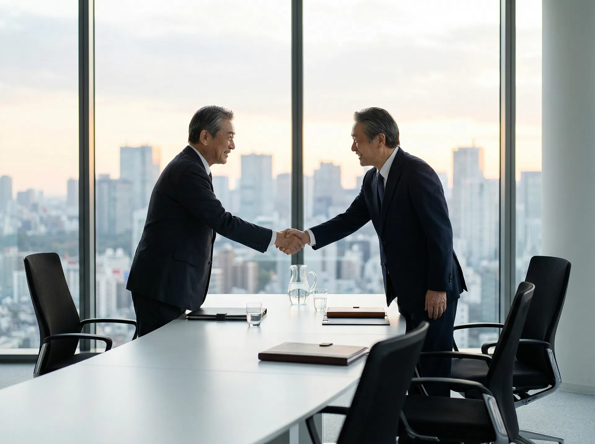 会議室で握手するエグゼクティブ