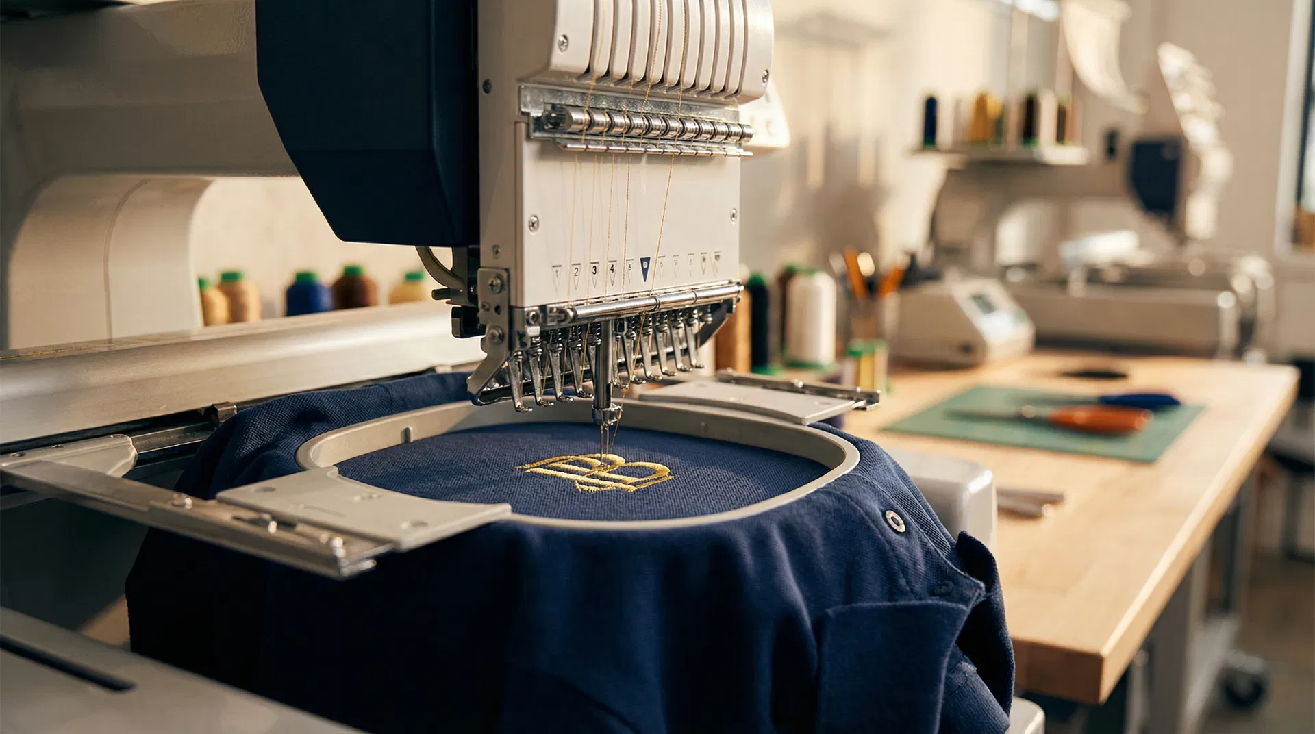 Professional embroidery machine stitching a custom logo