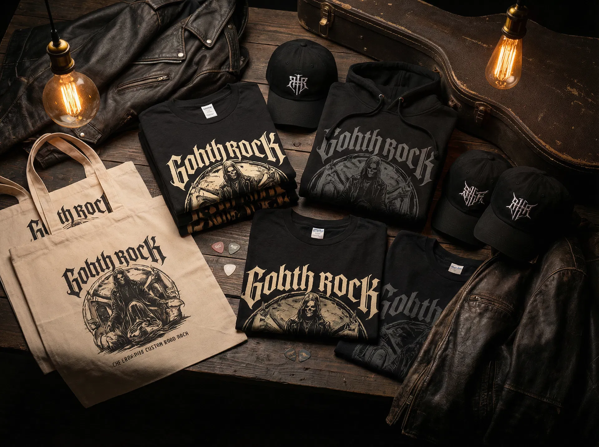 Custom band merchandise including t-shirts and tote bags