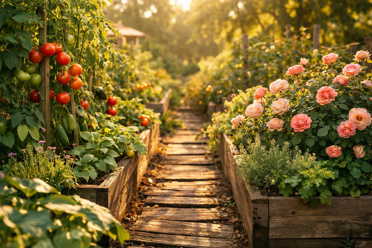 Üppiger Garten im Morgenlicht