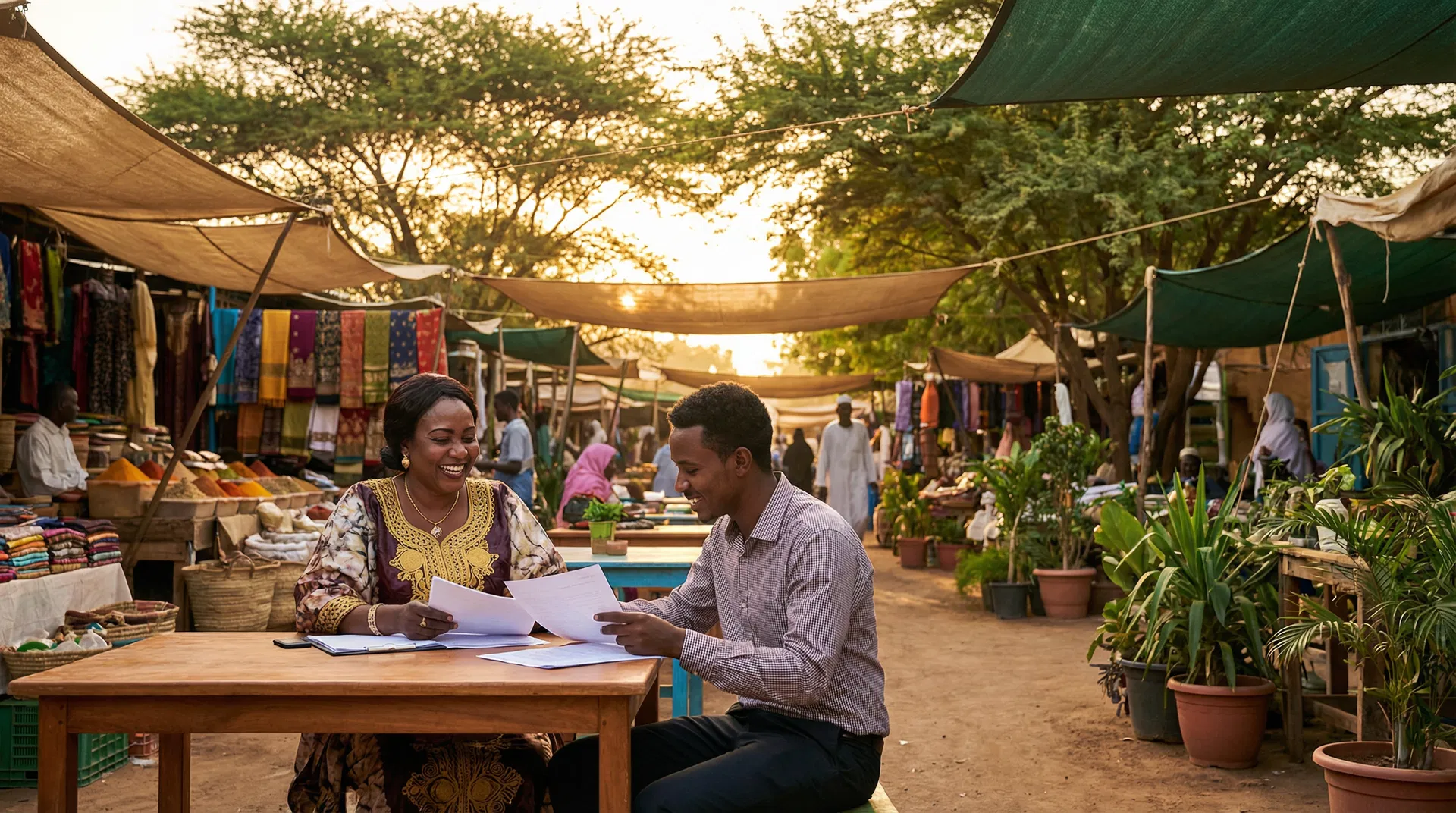 Sudanese entrepreneurs reviewing business plans at a vibrant market