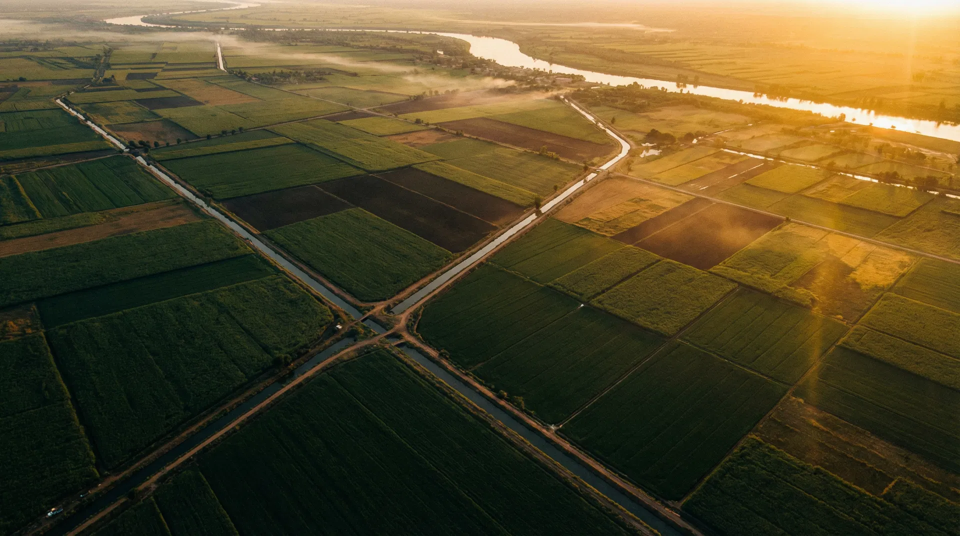 Aerial view of Sudanese agricultural land at sunrise