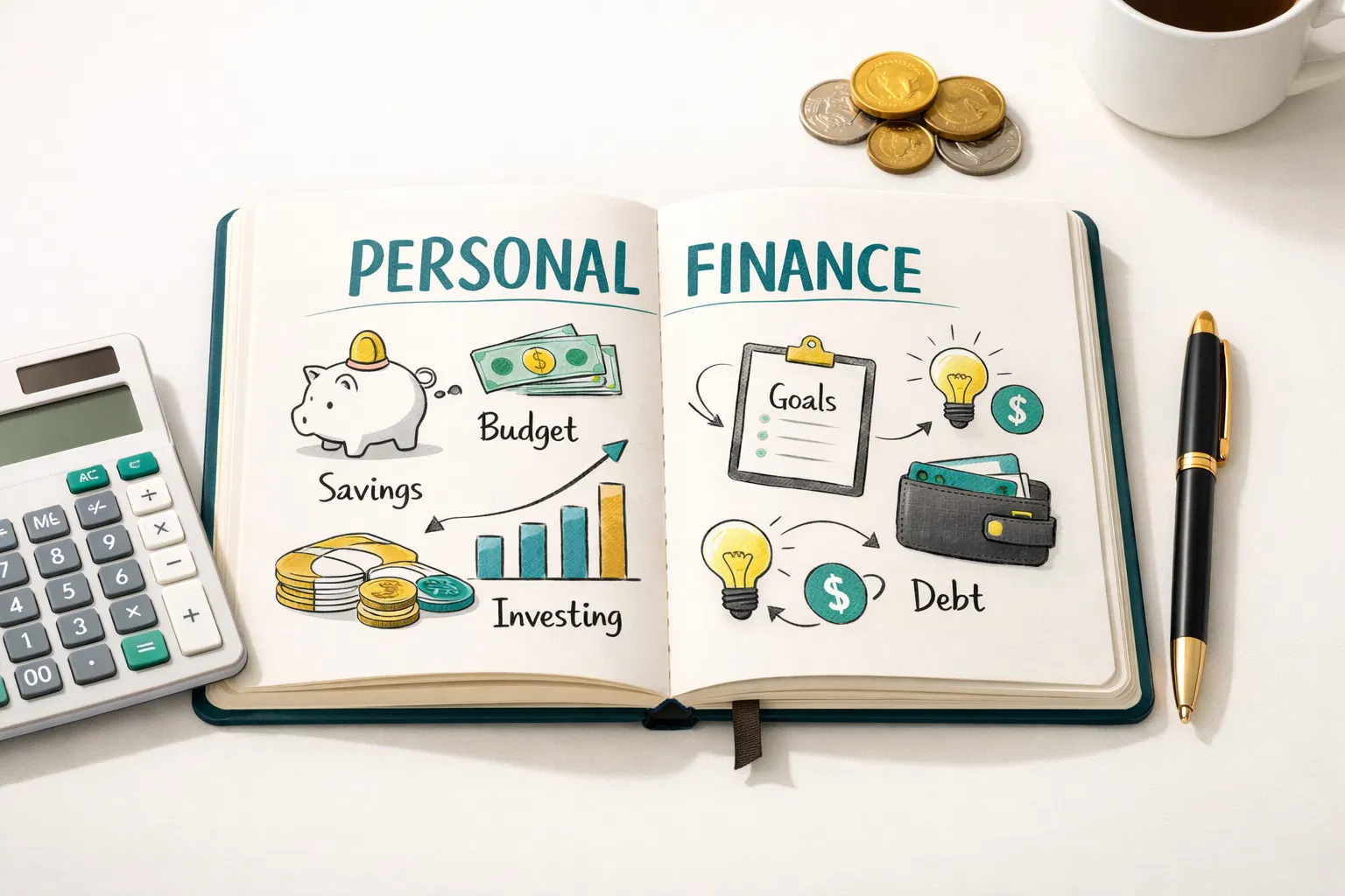 Personal finance fundamentals - notebook with financial planning sketches and calculator