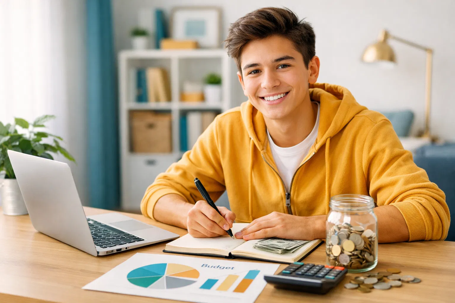 Student managing money early - laptop, notebook, and financial planning materials