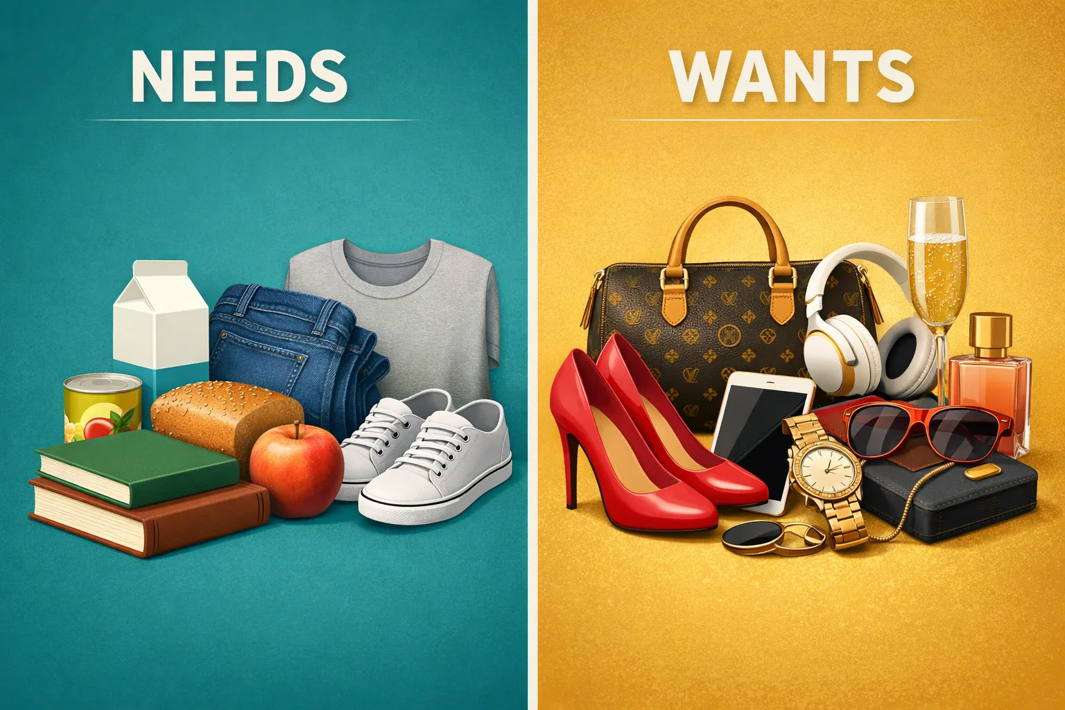 Needs vs Wants comparison - essential items versus luxury items split-screen