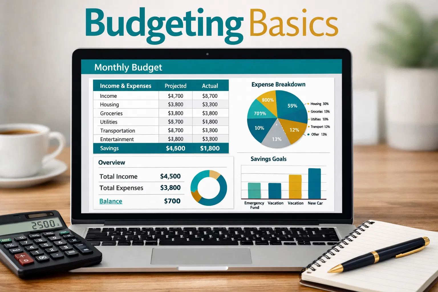 Budgeting basics - budget spreadsheet on laptop with calculator and pie charts