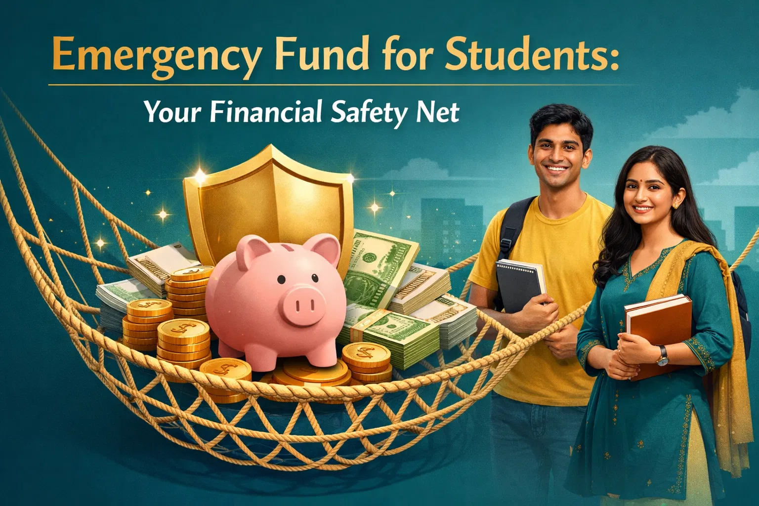 Emergency Fund for Students - Indian students with safety shield, piggy bank, coins representing financial security