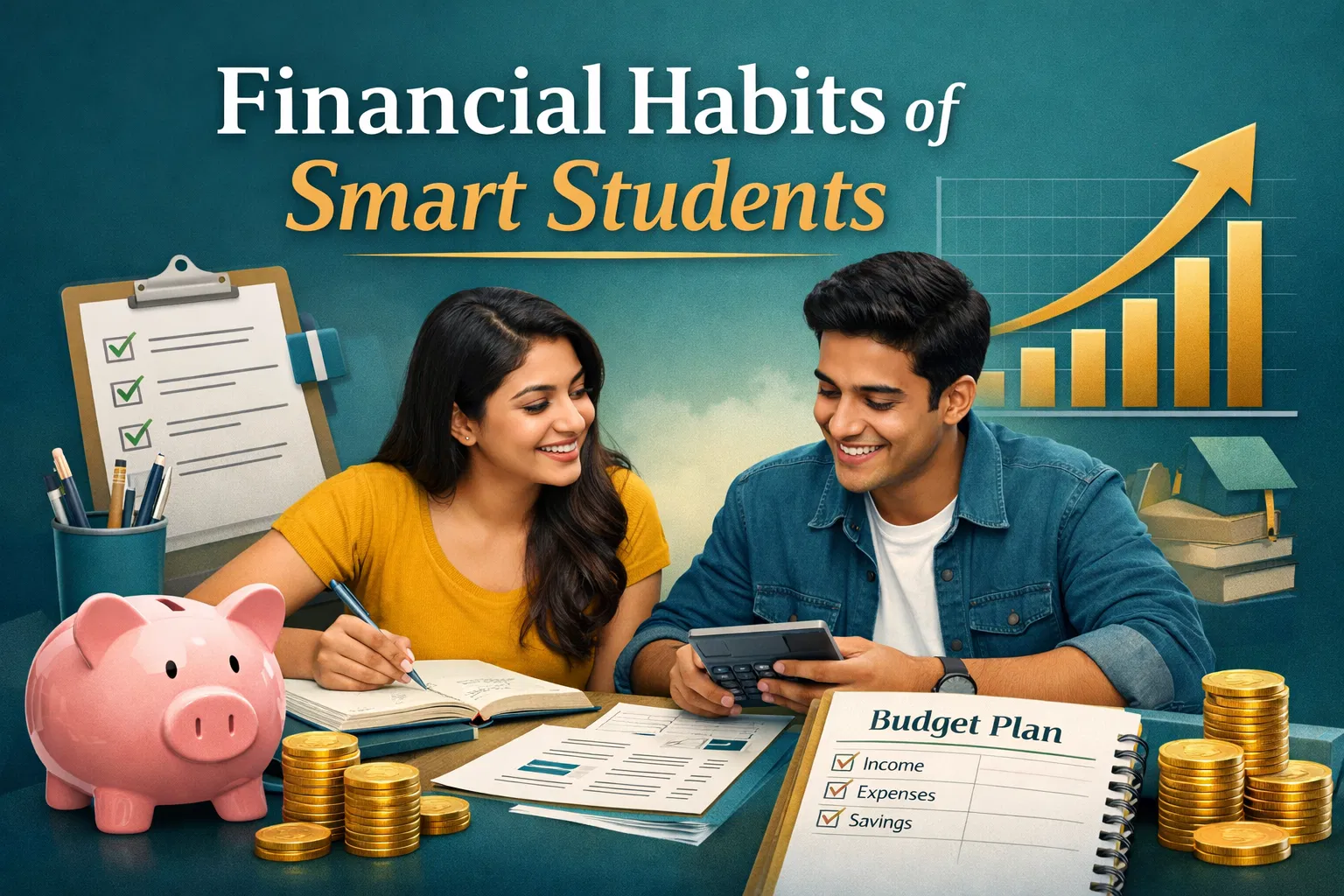 Financial Habits of Smart Students - Indian students planning budget with piggy bank, coins, and upward trending chart