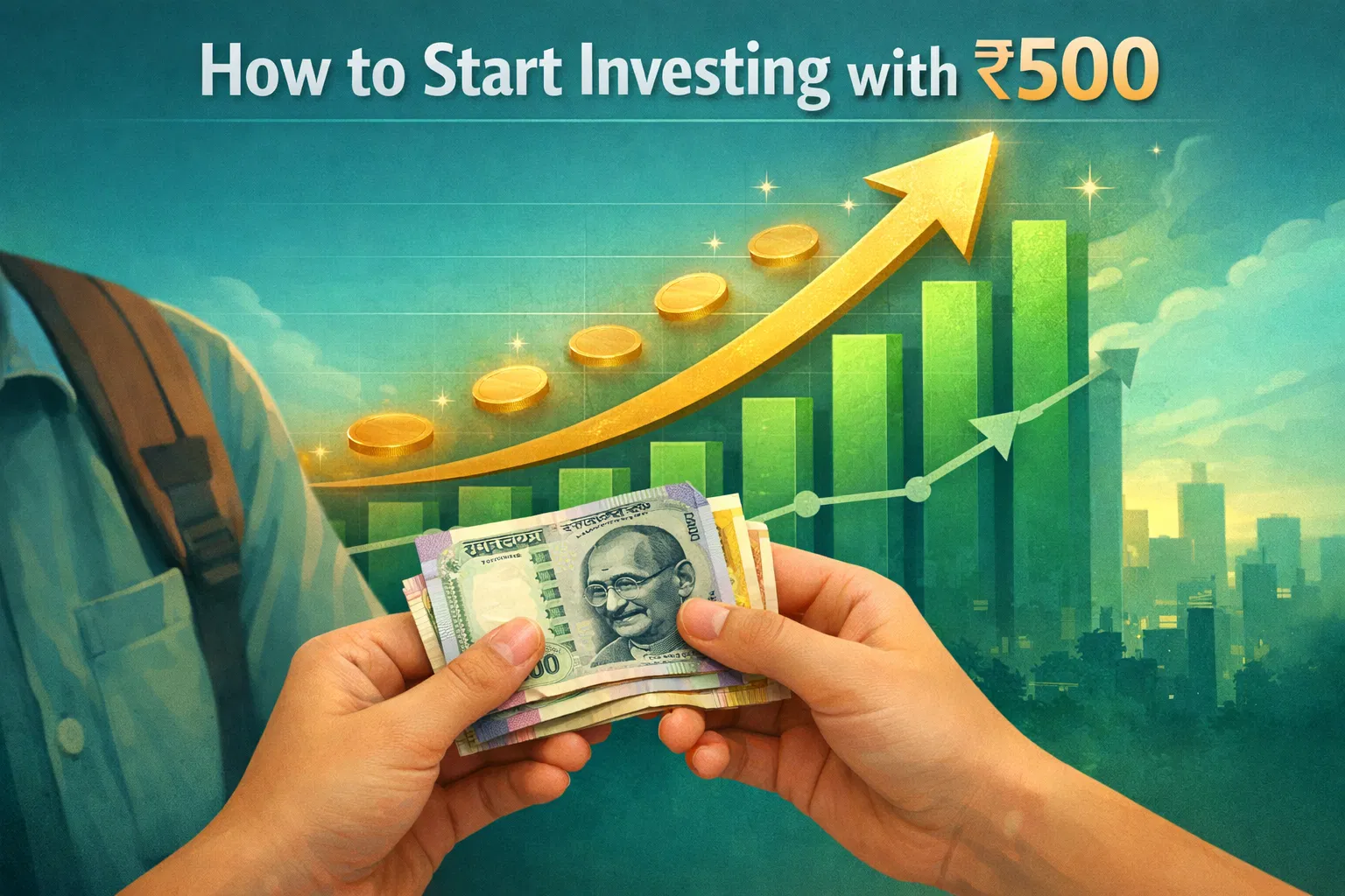 Start investing with 500 rupees - hands holding money with growth chart and upward arrow