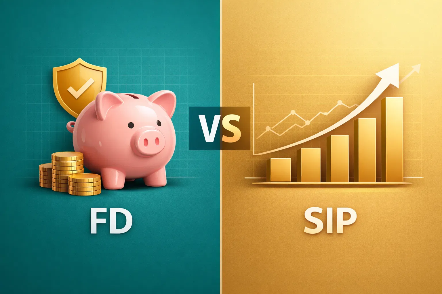 SIP vs FD comparison - piggy bank versus growth chart split-screen