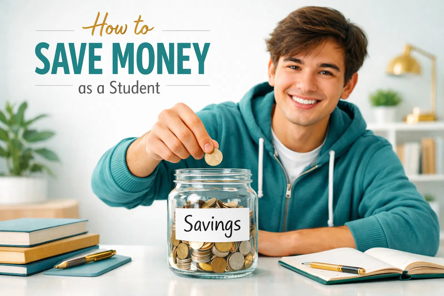 Student saving money - putting coins into a clear glass savings jar