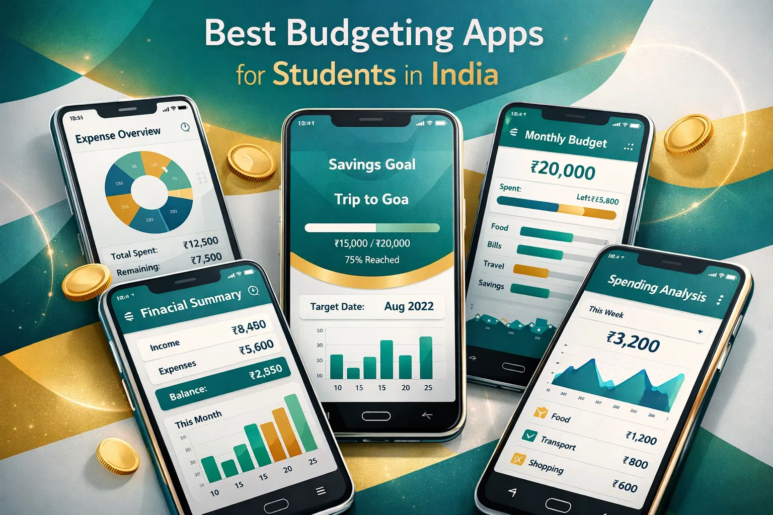 Budgeting apps - multiple smartphone screens with financial data and charts