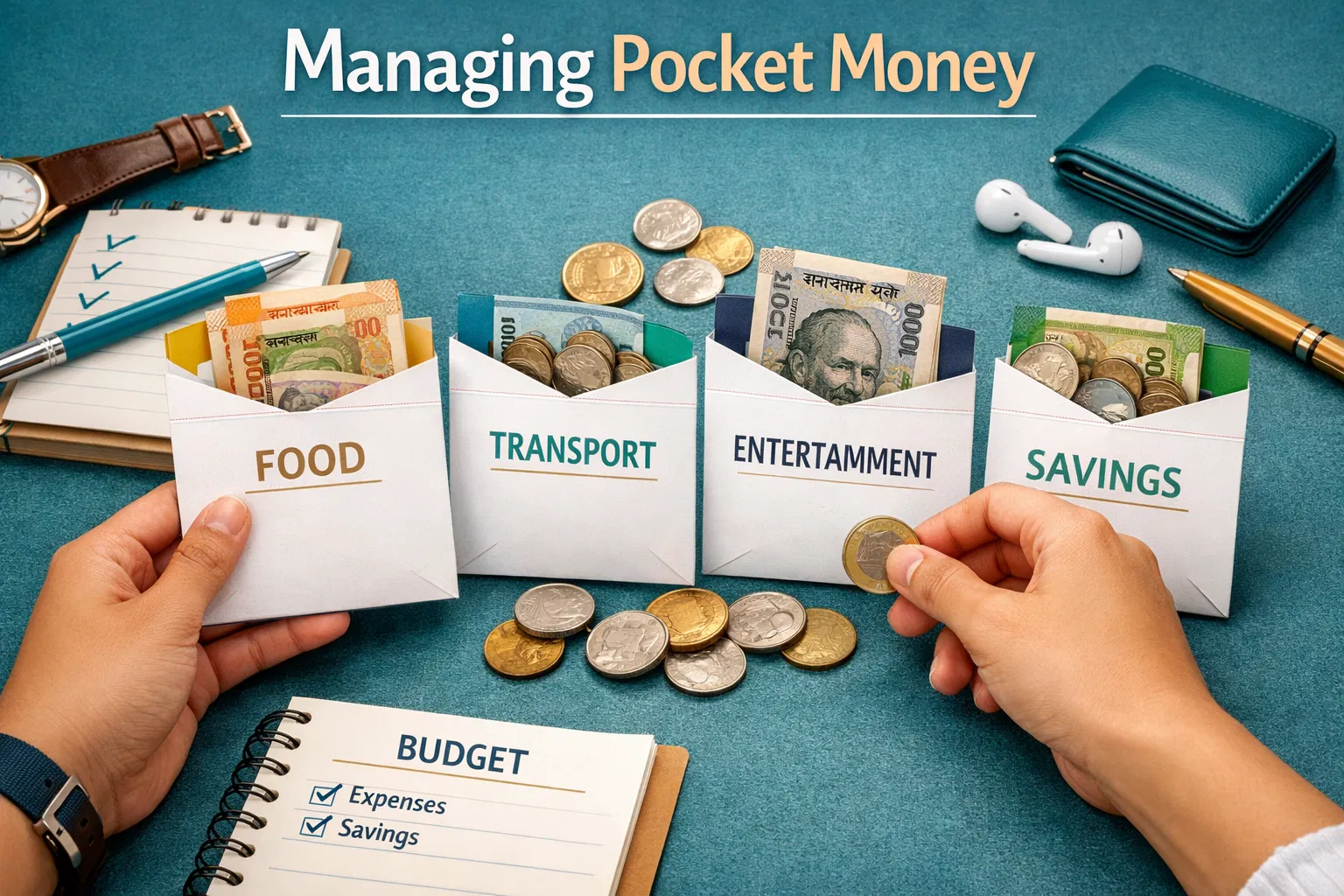 Managing pocket money - organizing rupee notes into labeled envelopes