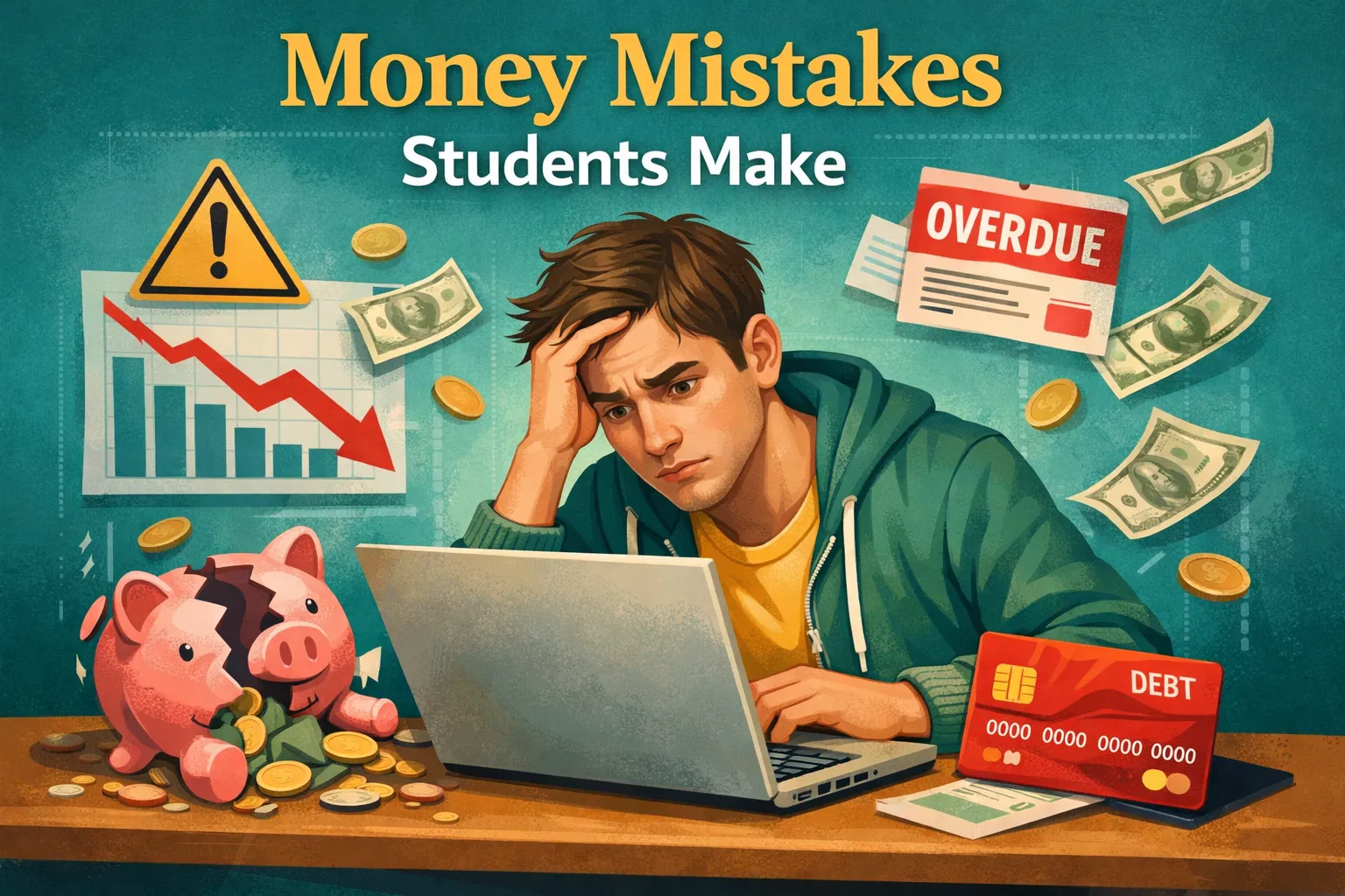 Money mistakes - student with concerned expression surrounded by financial warning symbols