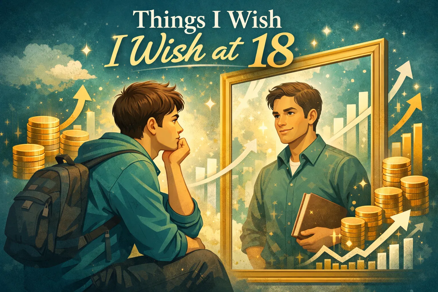 Reflection and financial wisdom - student looking at mirror with growth symbols