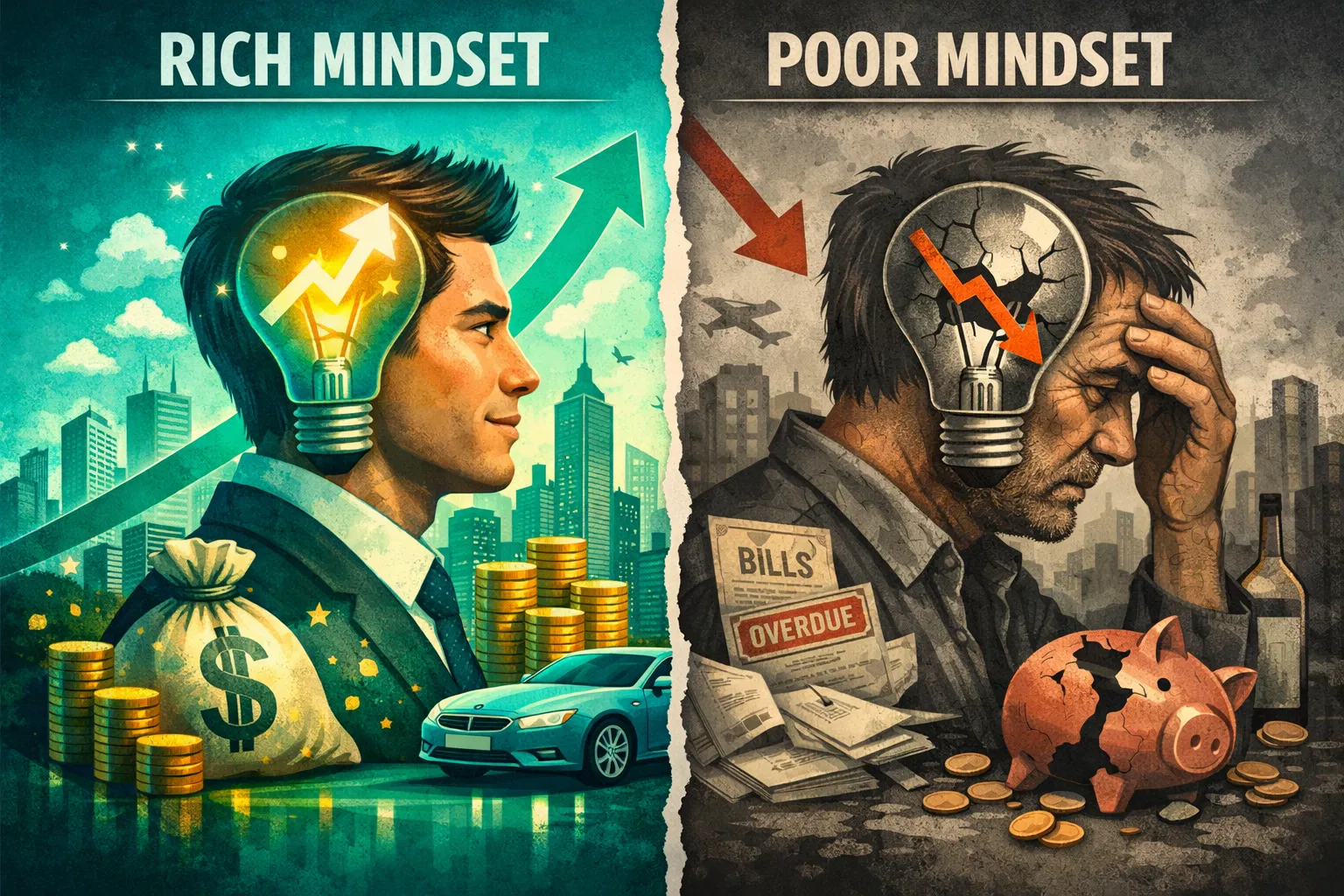 Rich vs poor mindset - split-screen showing growth mindset versus limiting mindset