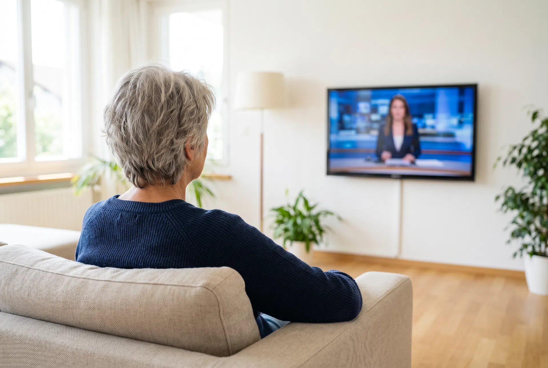 Susanne schaut abends alleine Nachrichten im Wohnzimmer