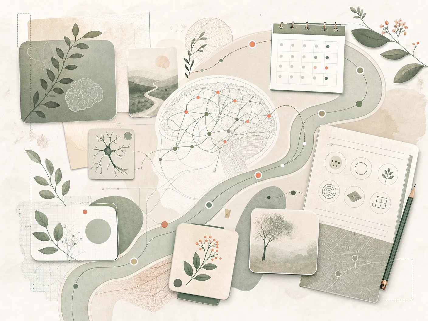 Ilustração editorial de um mapa de aprendizagem em estimulação cognitiva