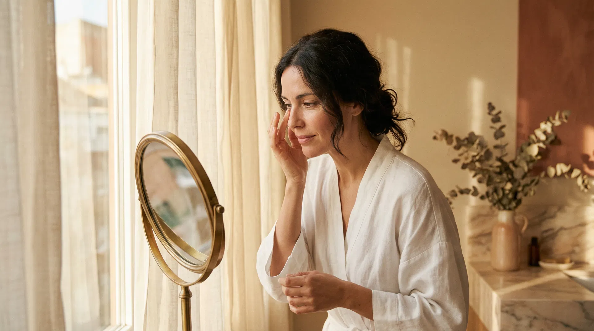 Mujer mirándose al espejo con piel luminosa