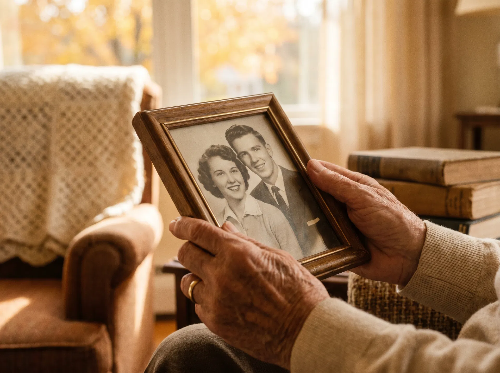 Elderly hands holding a cherished family photograph