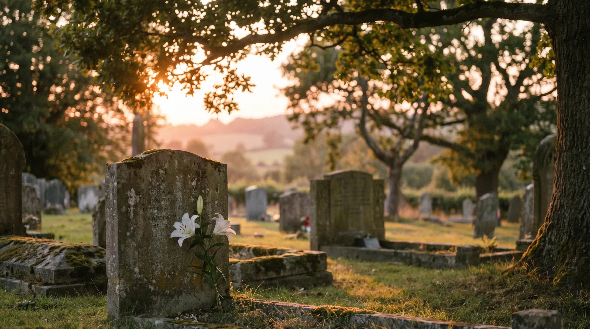 Peaceful English cemetery at golden hour