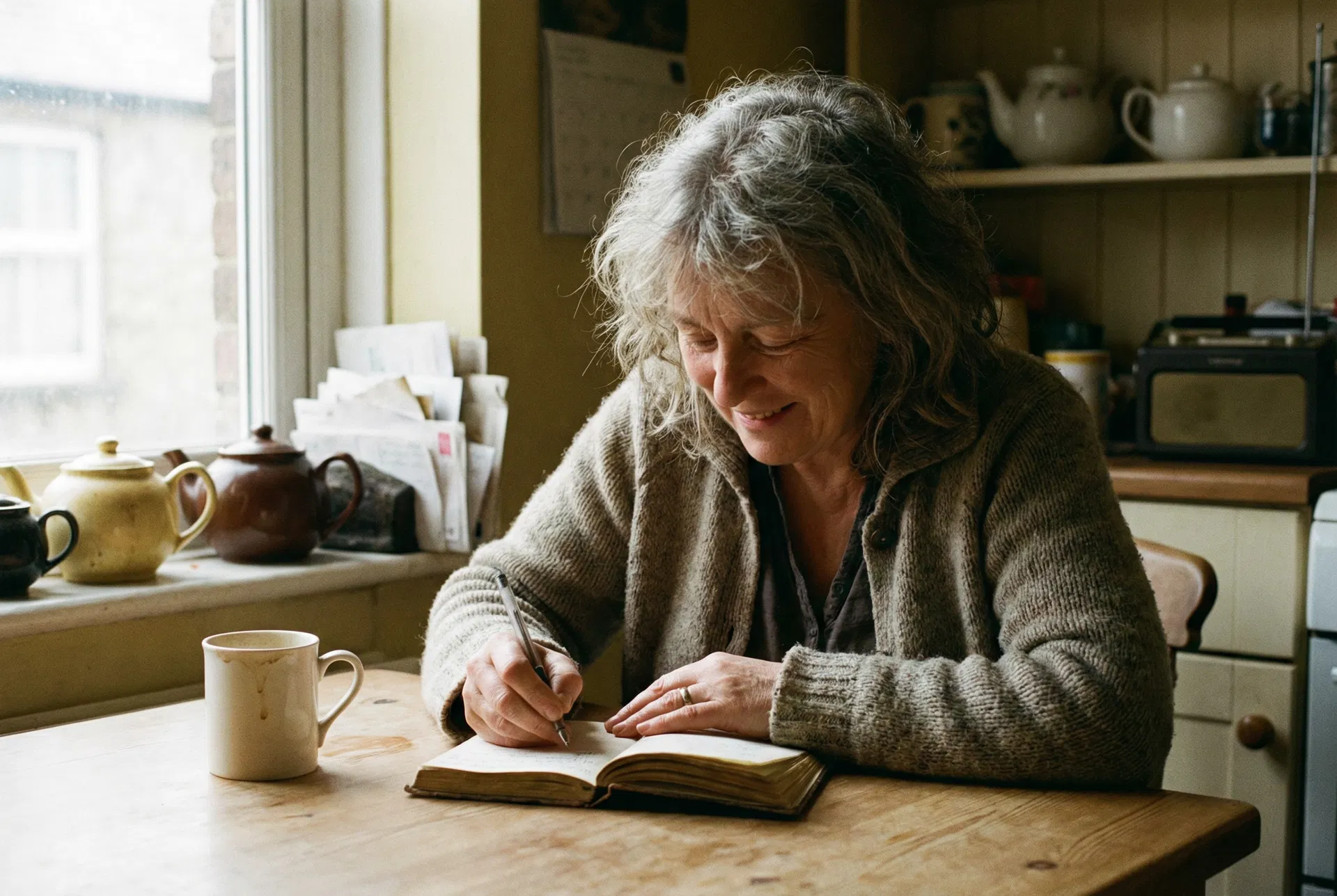 British woman writing at kitchen table