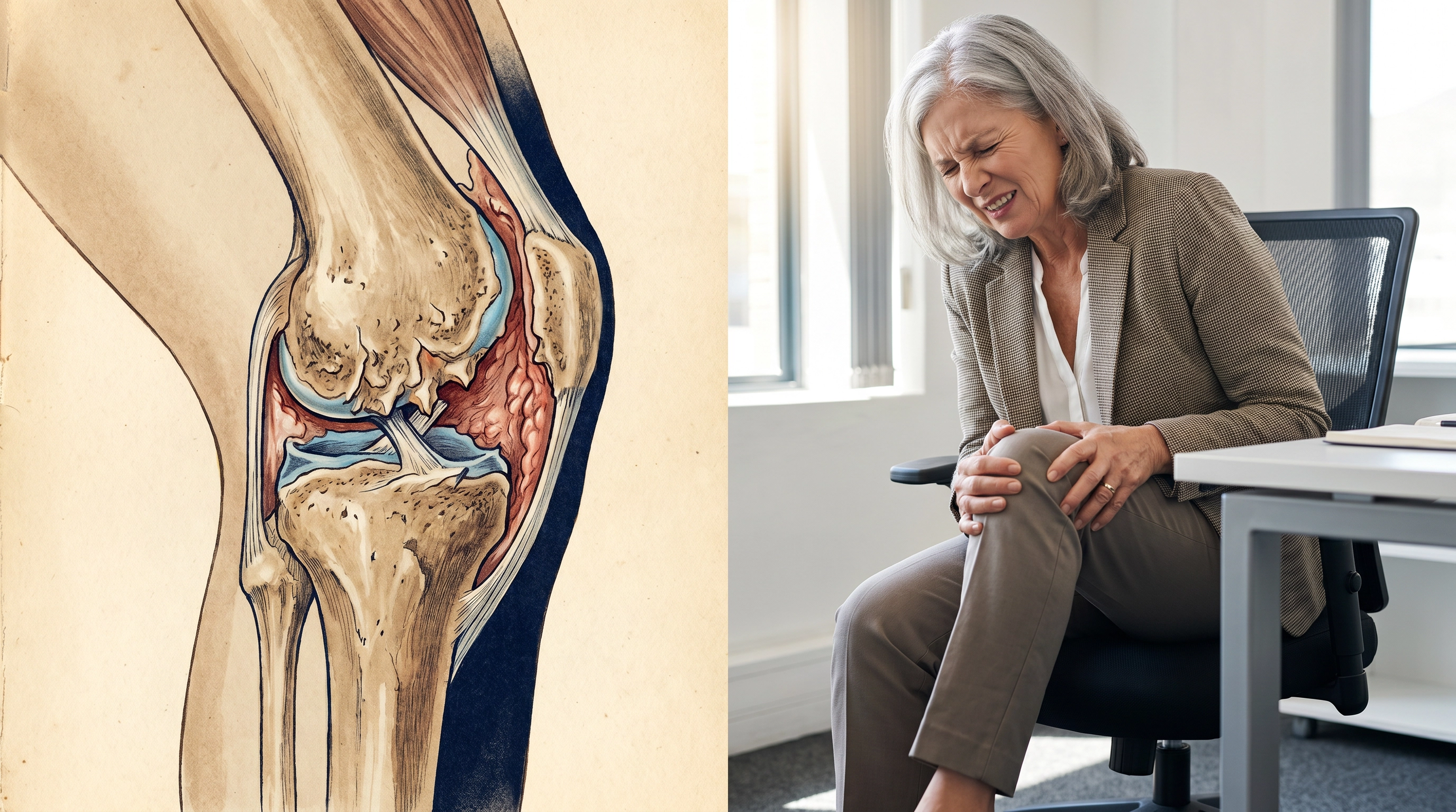 Knee arthritis anatomy and woman in pain at work
