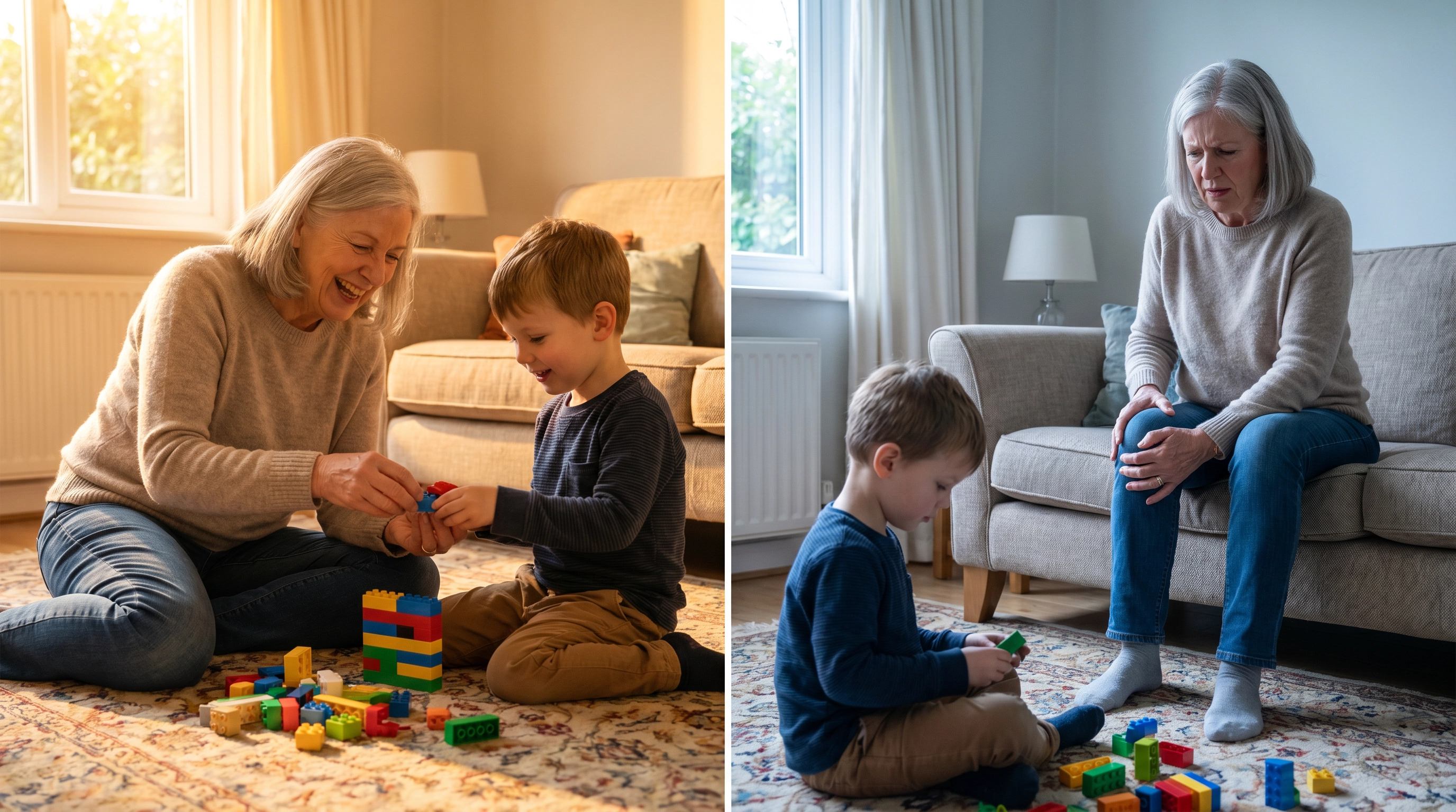 Before and after: grandmother on floor playing Lego with grandson vs sitting in pain watching from sofa