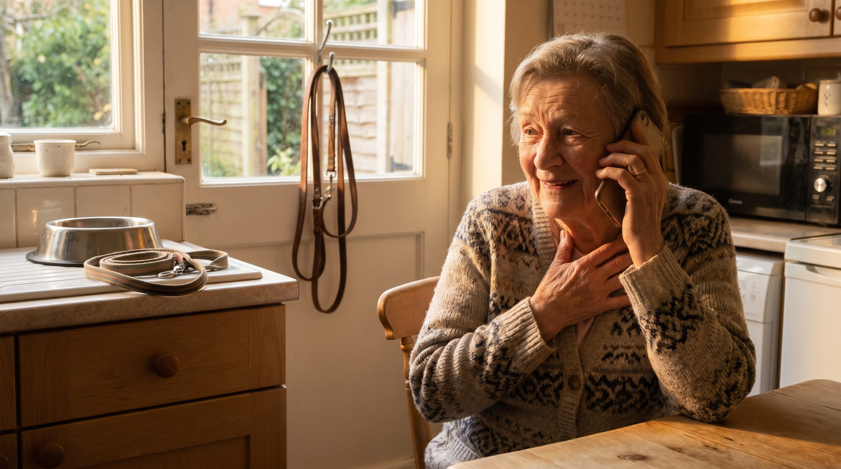 Elderly woman smiling on phone in kitchen, dog leash visible, walked the dog for first time in two years