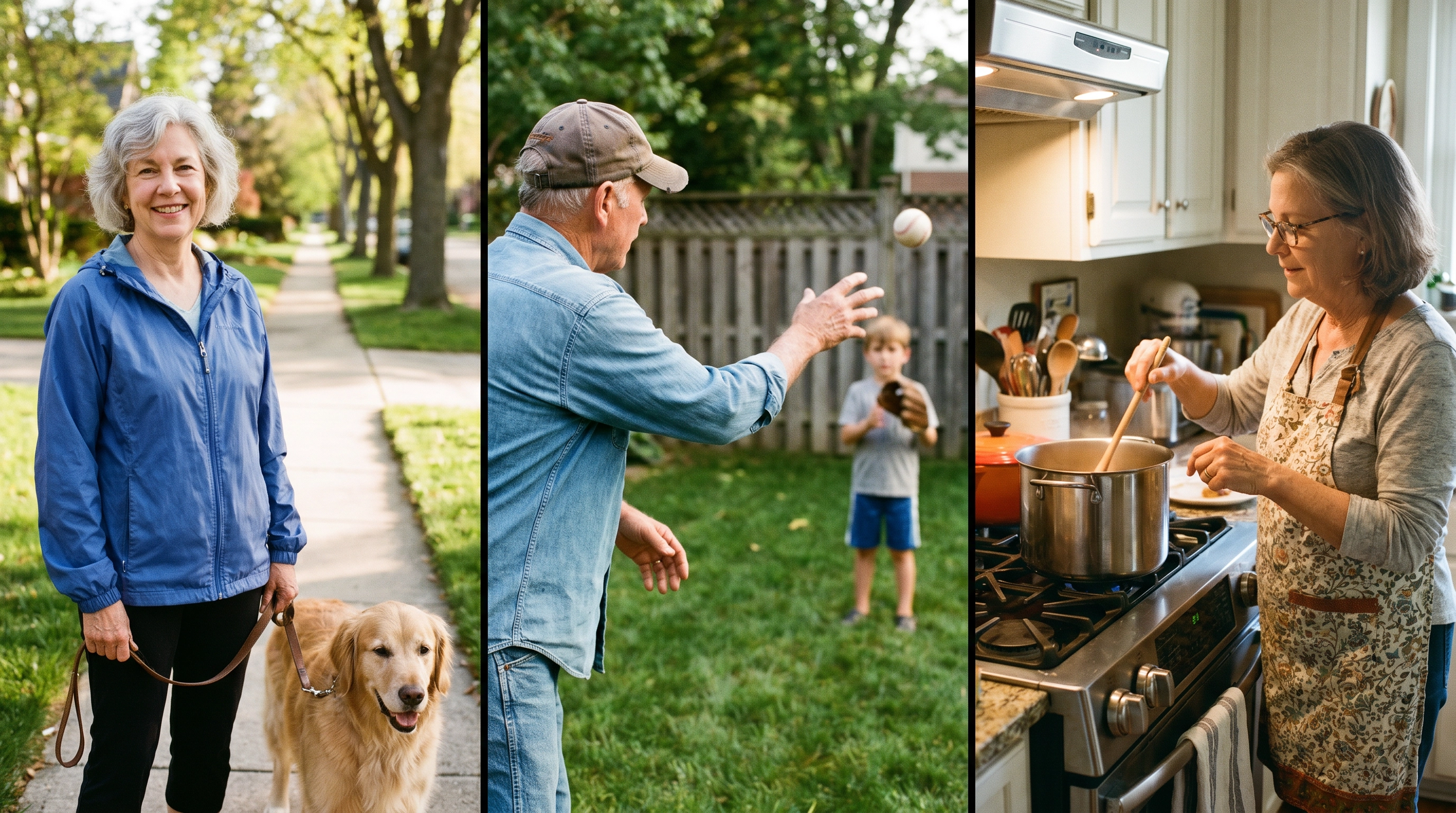Three patients: woman walking dog, man playing catch with grandson, woman cooking Sunday dinner