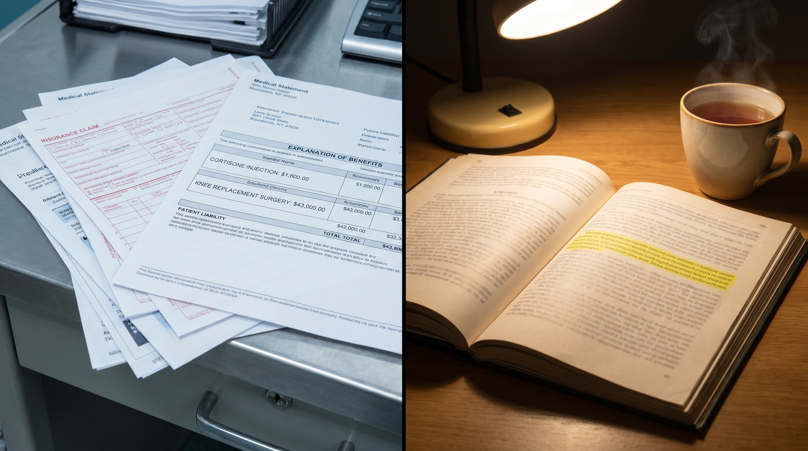 Medical billing documents with large costs vs open medical journal with highlighted research