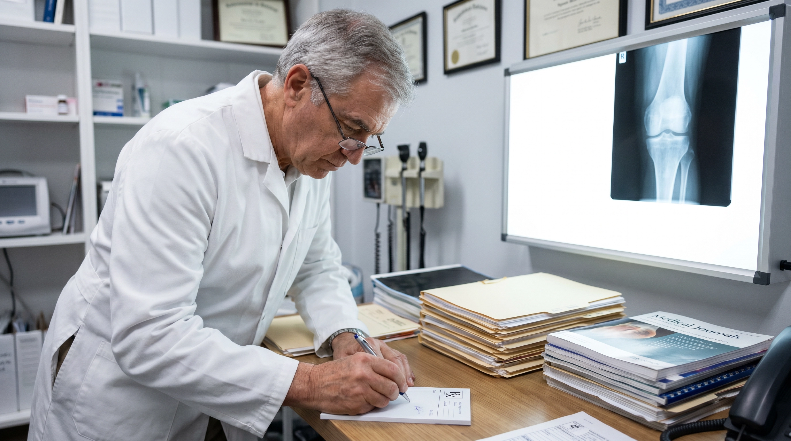 Doctor writing prescription with knee X-ray