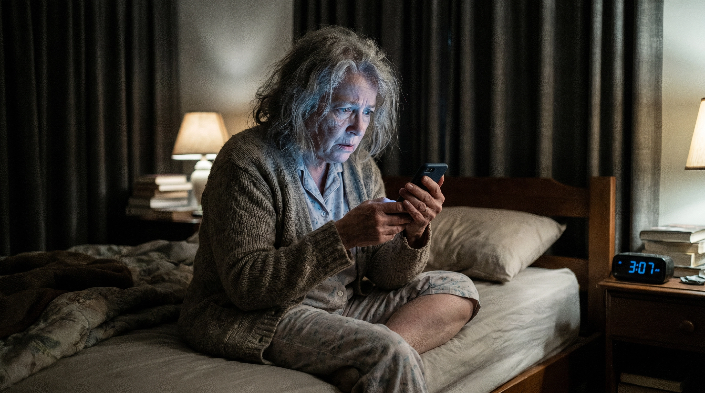 Woman awake at 3am scrolling phone