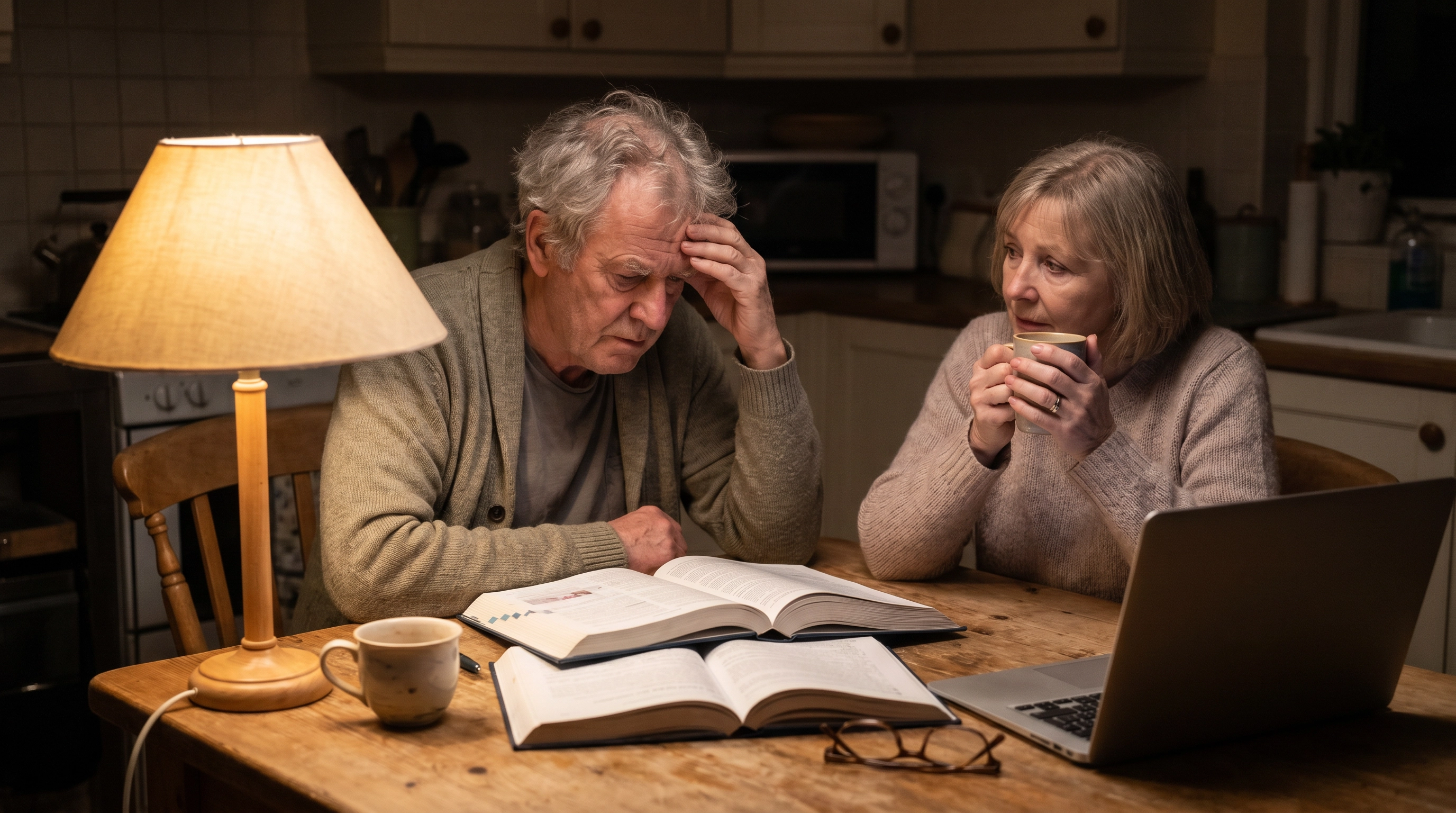 Elderly couple at kitchen table late at night