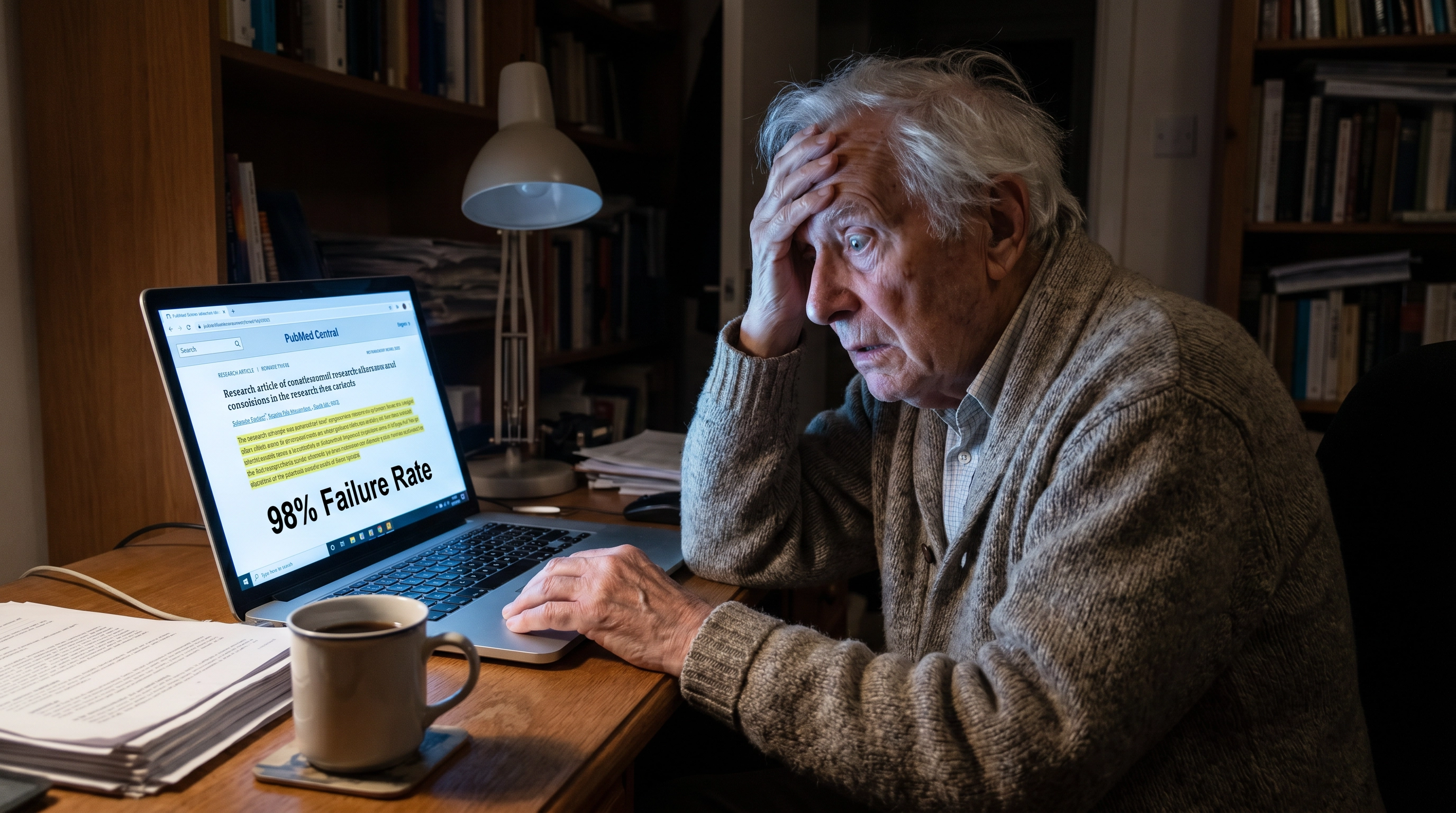 Elderly doctor shocked reading PubMed research at midnight
