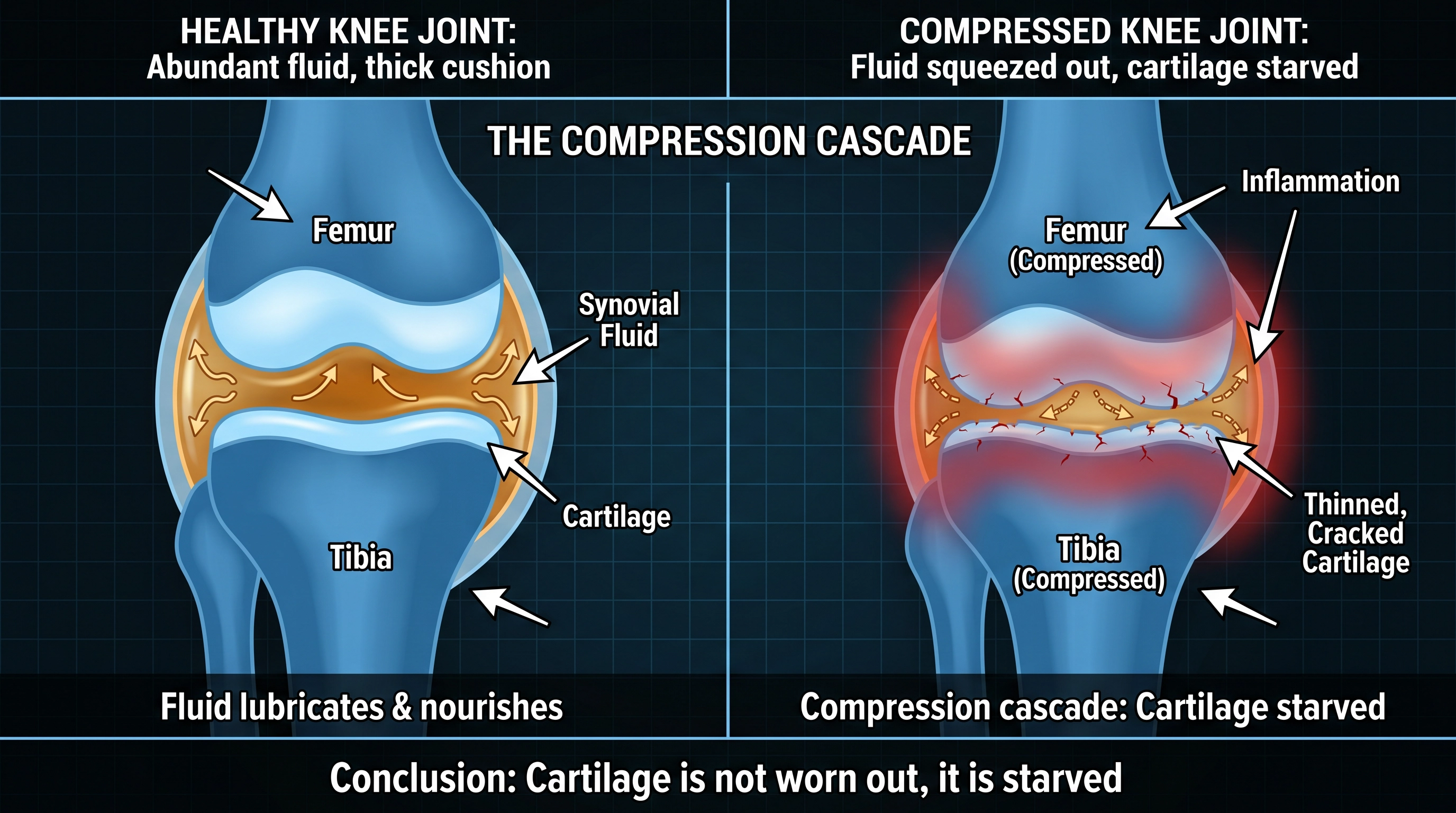 Healthy vs compressed knee joint infographic showing the compression cascade