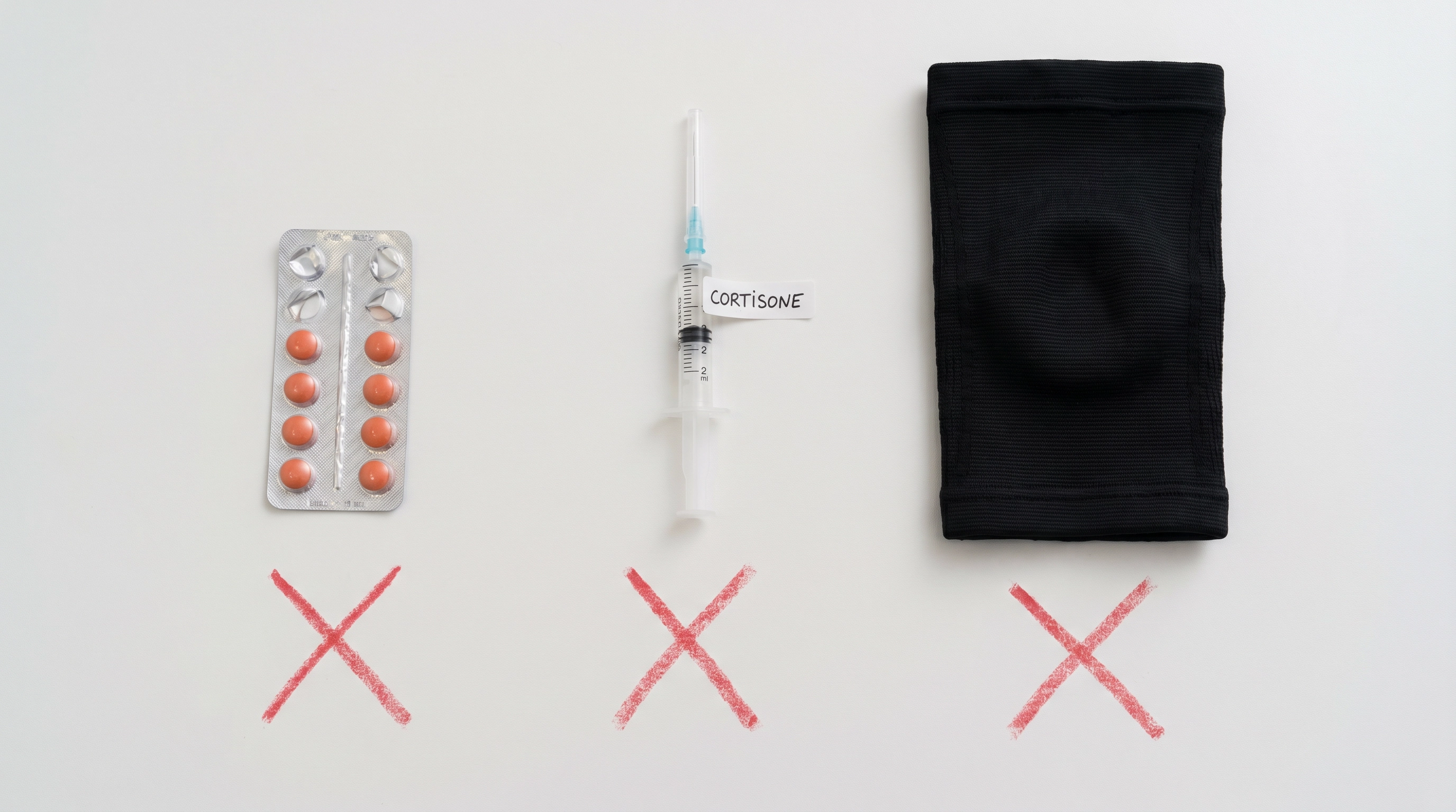 Ibuprofen pills, cortisone injection and knee sleeve with red X marks