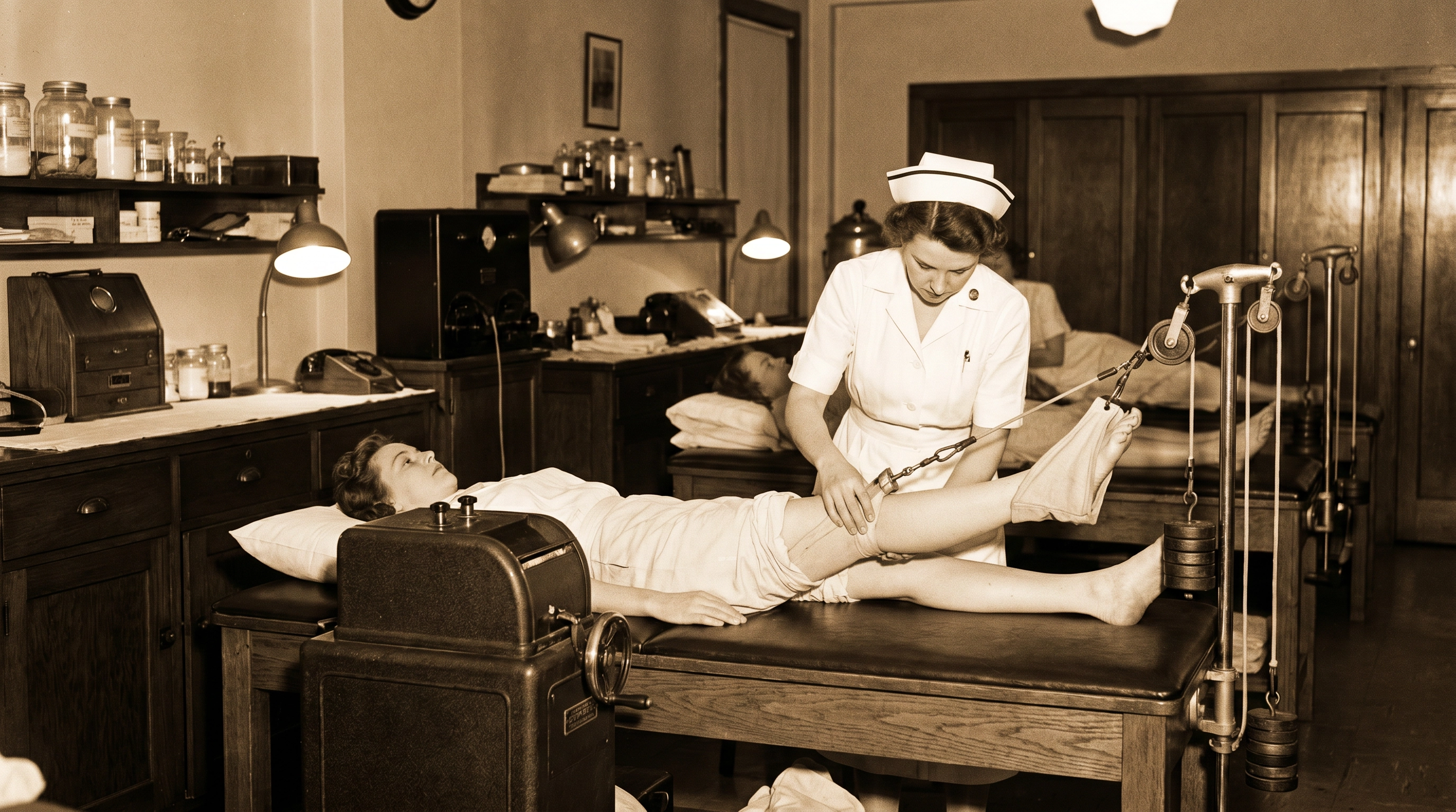 1940s physical therapy clinic with traction device on patient knee