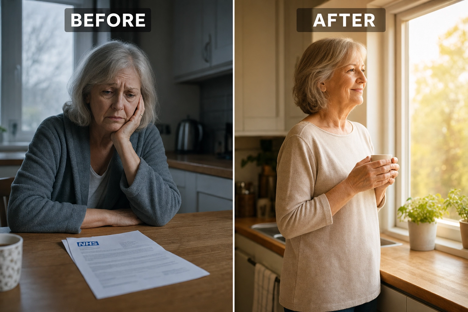 Before and after: woman with NHS letter vs woman relaxed at window