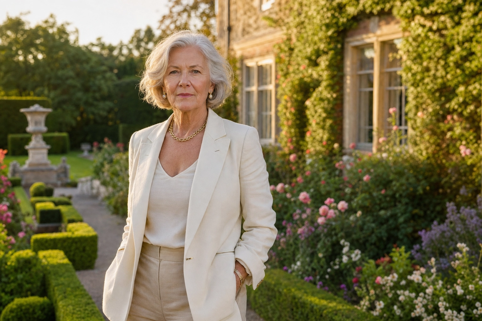 Dignified elderly woman standing tall in sunlit garden