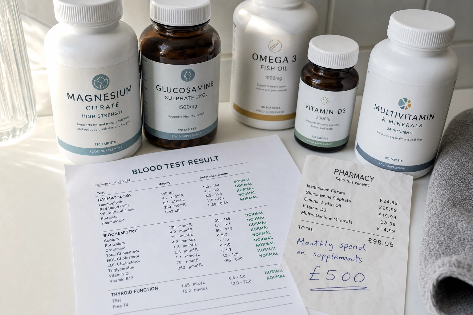 Supplement bottles and blood test showing normal results