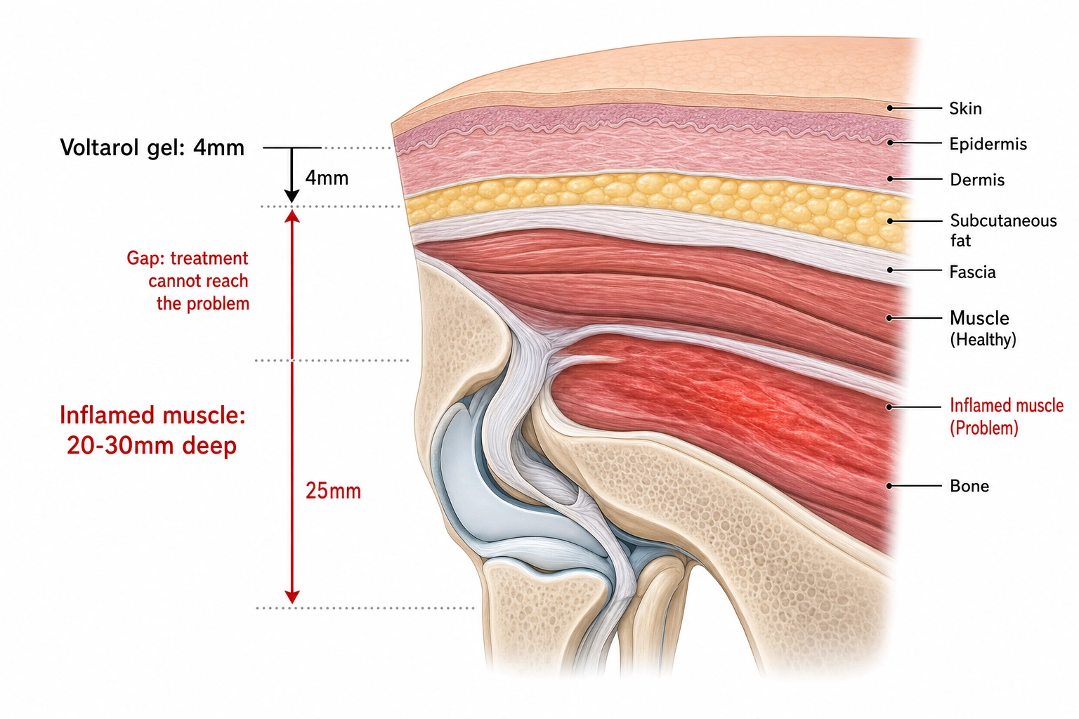 Knee anatomy diagram showing gel depth vs inflamed tissue depth
