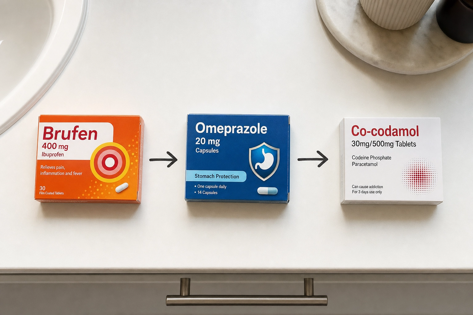 Brufen, omeprazole and co-codamol in a chain